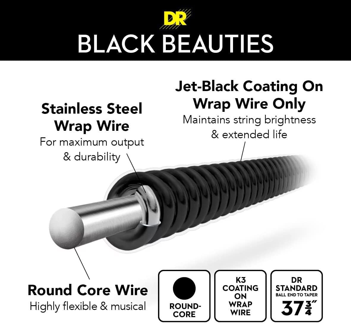 DR Strings BLACK BEAUTIES  Black Coated 5-String Bass Strings Medium (45-130)