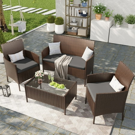 ECOPATIO Patio Furniture Set 4 Pieces Porch Furniture Outdoor Modular Wicker Patio Sectional Conversation Furniture Set for Backyard,Porch,Garden,Poolside and Balcony(Grey)