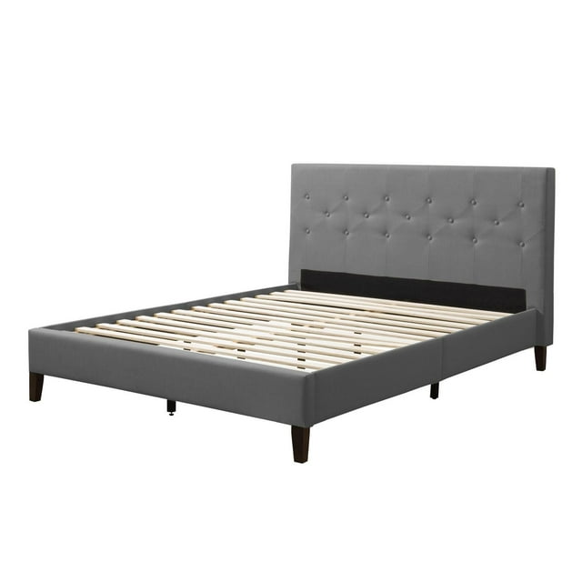 CorLiving Nova Ridge Upholstered Adult Queen Size Platform Bed Frame with Tufted Headboard and Slats - No Box Spring Required