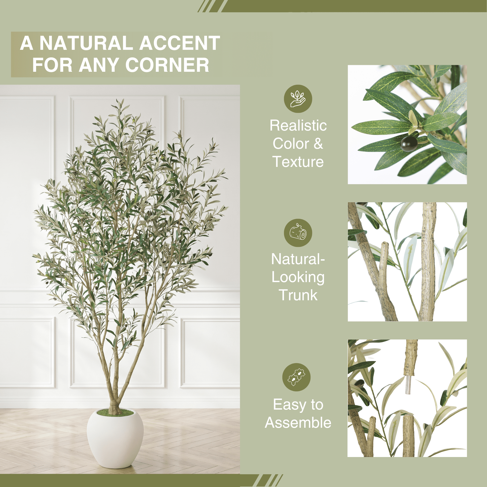 Leumius 8FT Artificial Olive Tree with Large Decorative White Planter, Tall Faux Olive Tree for Indoor & Covered Outdoor Use