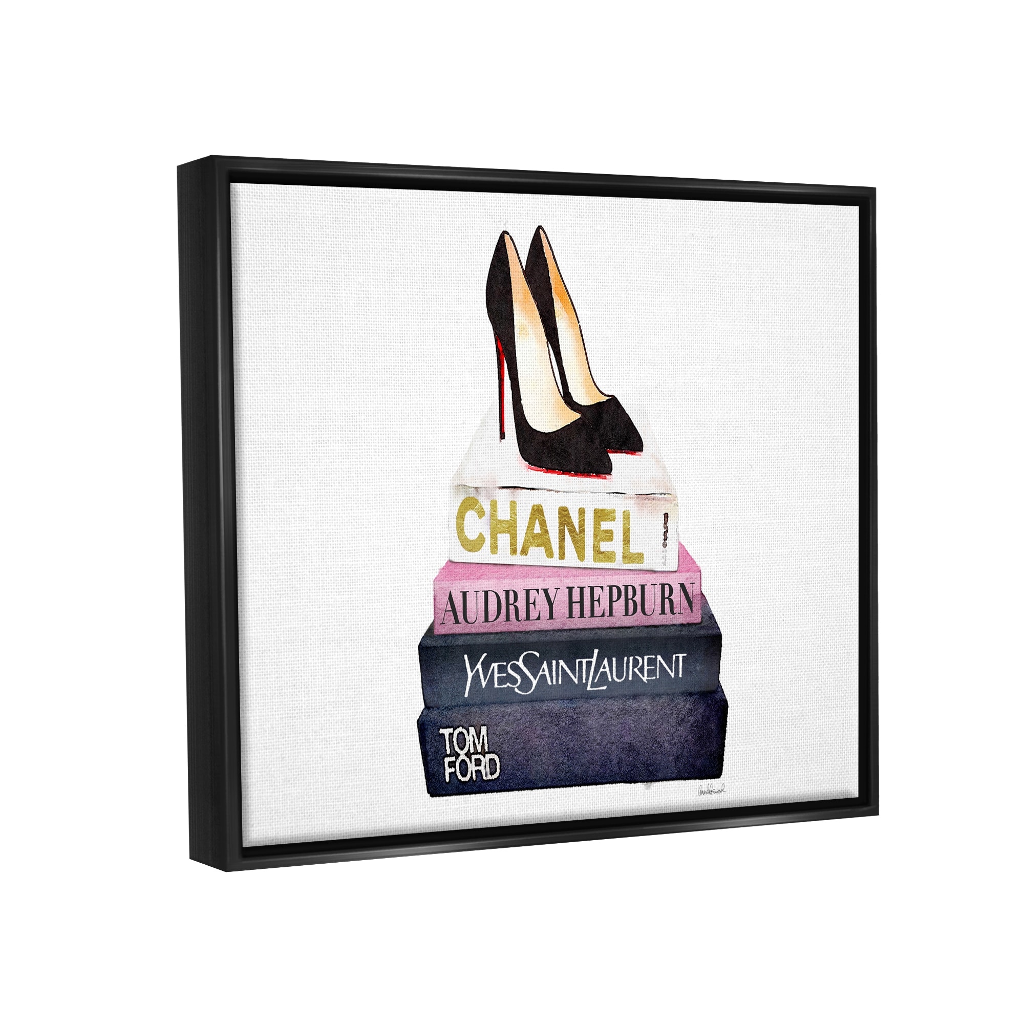 Stupell Industries Glam Fashion Book Set Black Pump Heels Jet Black Framed Floating Canvas Wall Art, 24x30, by Amanda Greenwood