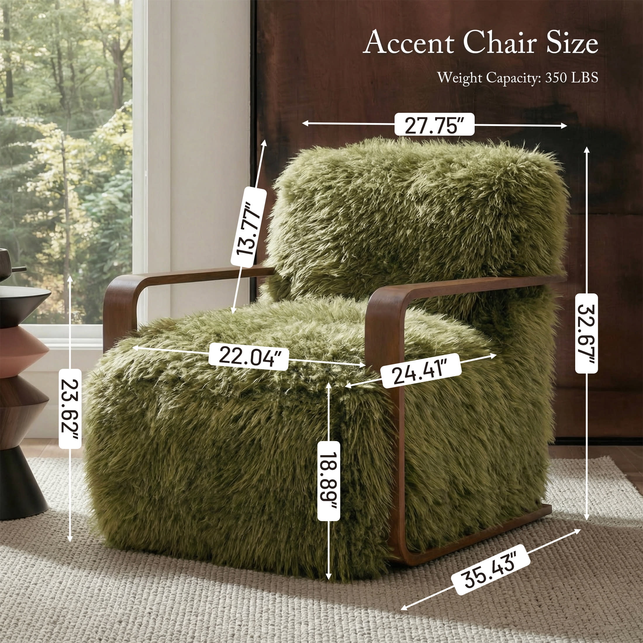 Aenkyo Yeti Contemporary Faux Fur Accent Chair with Dark Walnut Wood Arms, Green