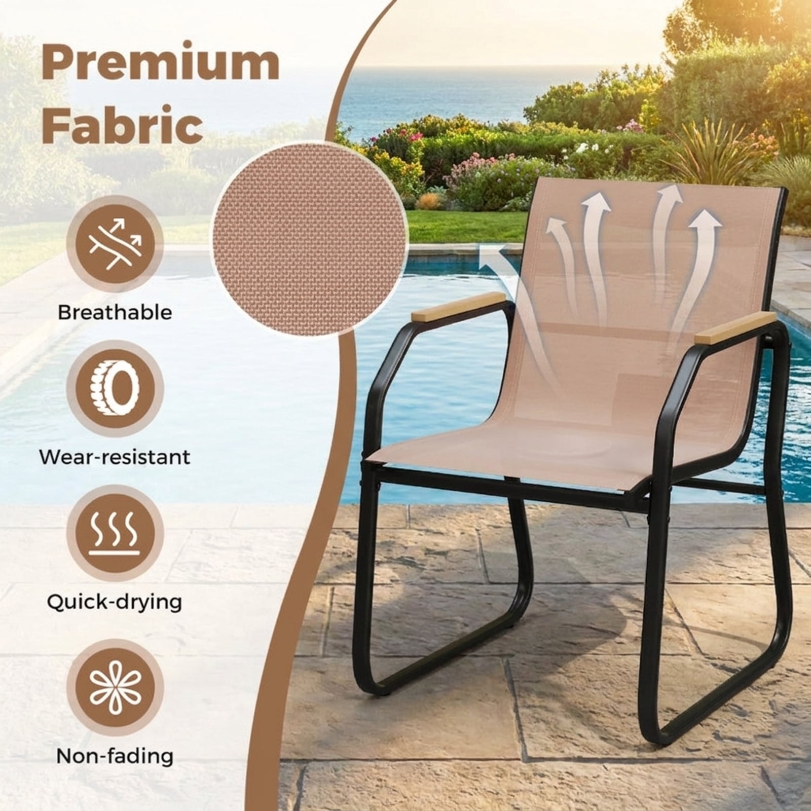 Furnibear 5 Pieces Patio Dining Set with 55 Inch Rectangular DPC Wood Grain Table 4 Breathable Fabric Sling Chairs and Reinforced Metal Frame for Backyard Garden Deck, Brown