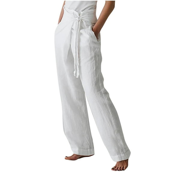 Bigersell Oversized Pants for Women Full Length Women's Leisure Solid Color High Waist Cotton Linen Wide Leg Pants Elastic Waist Pants Ladies Straight Overall Jeans