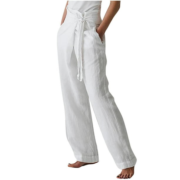 Pantalones Para Mujer Pantalones de Lino Ocio Color Sólido Cintura Alta Algodón Lino Pantalones de Pierna Ancha Pantalones de Cintura Elástica Odeerbi ODB146124