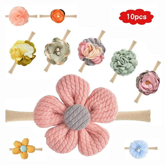 LNGOOR 10PCS Baby Girls Flower and Bows Headbands Floral Hair Bands Nylon Hairbands Hair Accessories Elastic--Super Soft & Stretchy Nylon Floral Hairbands for Newborn Infant Toddlers