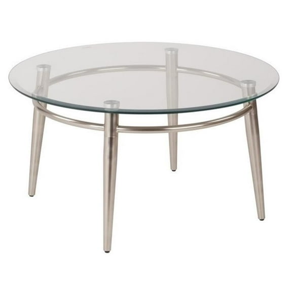 Office Star Brooklyn Clear Tempered Glass Round Top Coffee Table with Nickel Brush Legs
