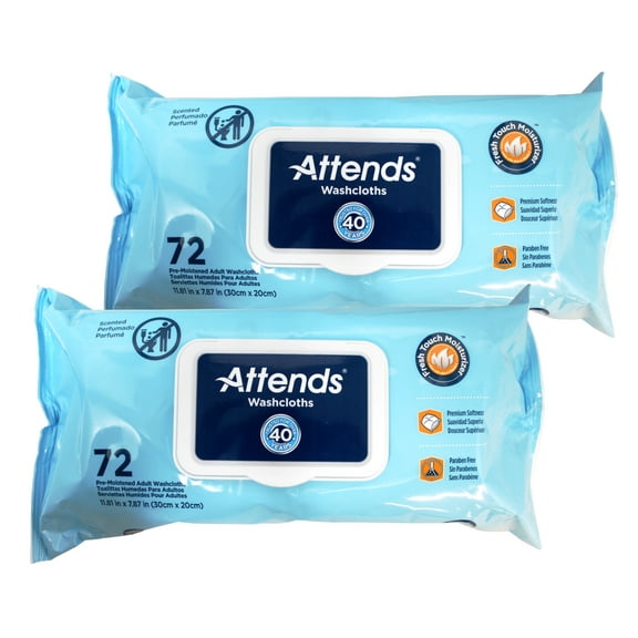 Attends Scented Washcloths for Adult Incontinence Care, Hypoallergenic, Latex and Alcohol Free, 7.8" x 11.8" Wipes, 72 Count - 2 Pack