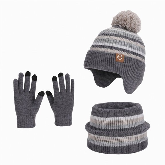 UngA Kids Winter Beanie Gloves Scarf Set,Boys Girls Toddler Winter Hat With Pom Neck Warmer Gaiter Mittens Fleece Lined Set (Grey,4-10 Years)
