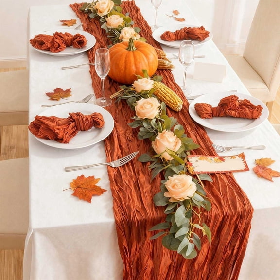 AYktou Thanksgiving Cheesecloth Table Runners, 35.4×118.1 Inch Fall Boho Wedding Birthday Tablecloth Home Decor, Gauze Sheer Cheese Cloth Farmhouse Dining Table Runners for Party