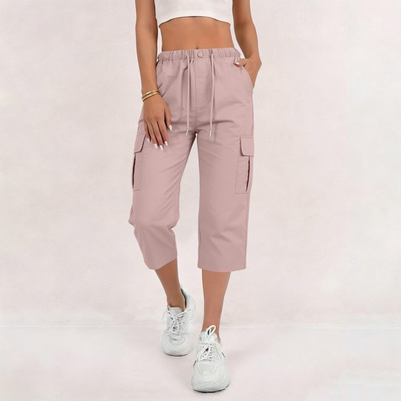 Usloyux Women's Cargo Capri Pants Drawstring Casual Active Shorts with Summer Vacation Hiking Bottoms, Pink XL