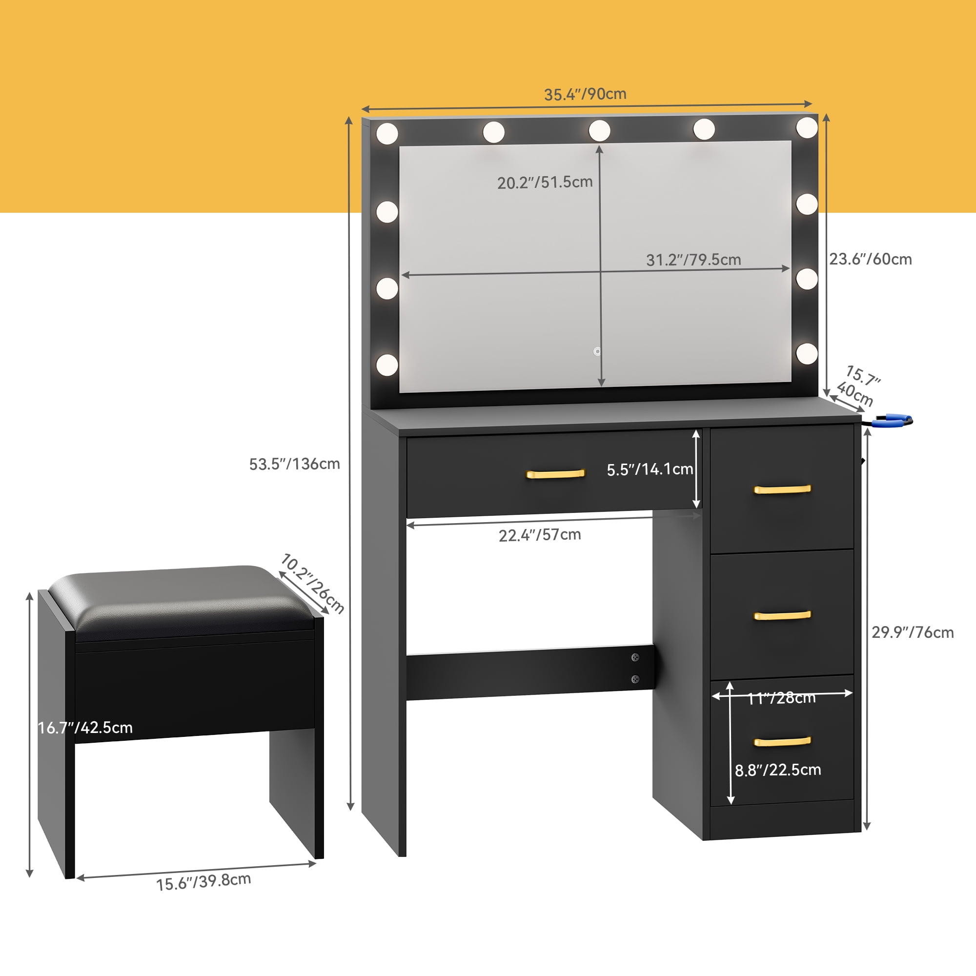 Dextrus Black Makeup Vanity with Built-in Charging Station with Mirror and Storage Shelves