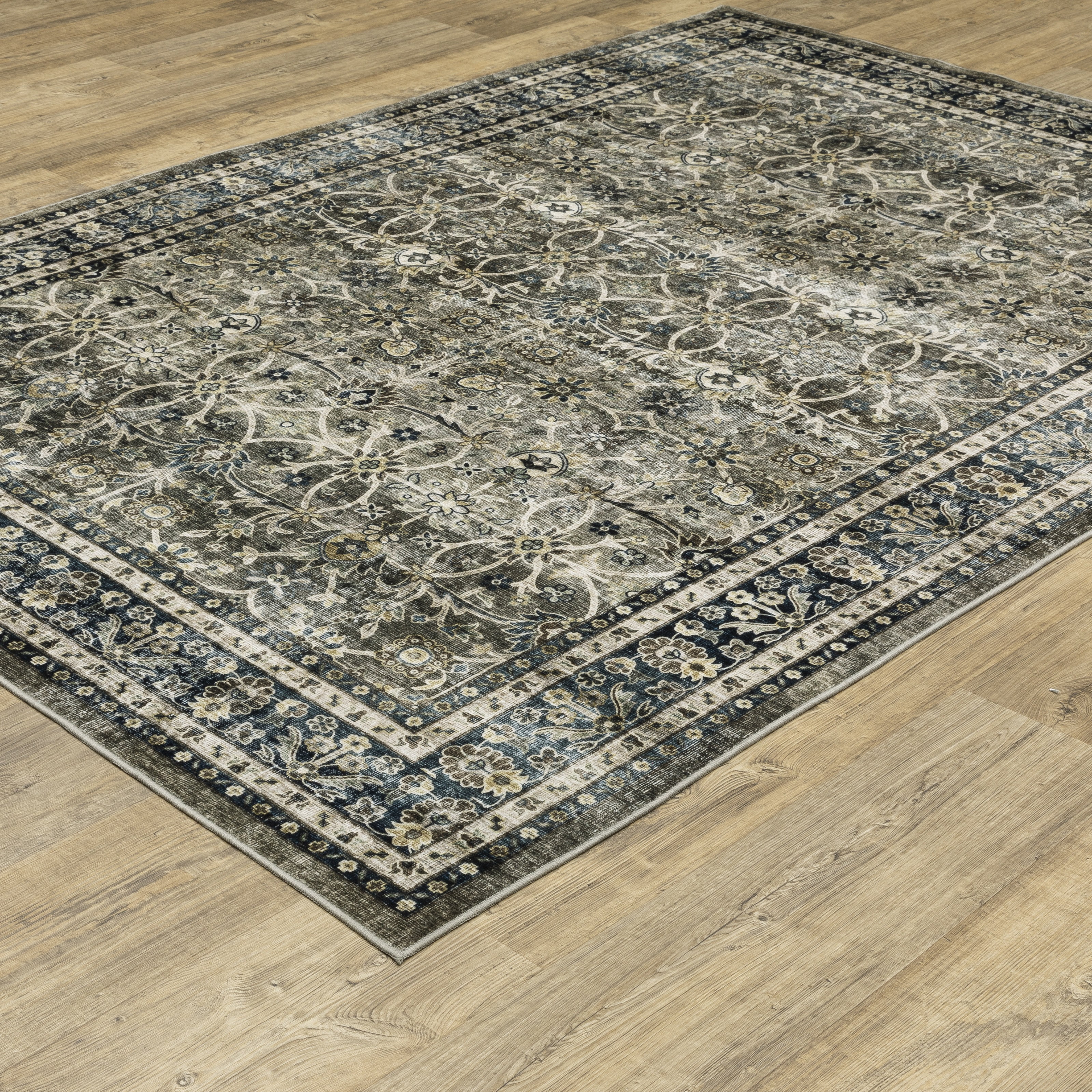 Avalon Home Sebastian Vintage Bordered Charcoal Grey/ Blue Washable Indoor Area Rug