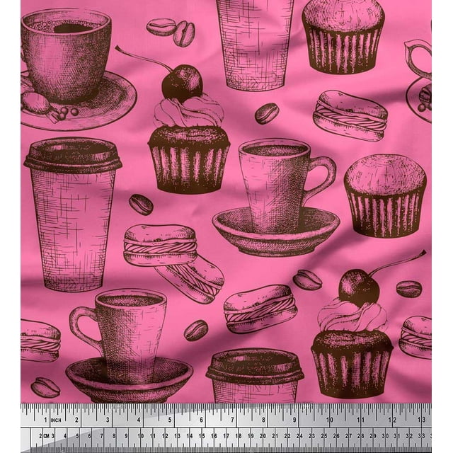 Soimoi polyester Crepe Fabric Burger,Cupcake & Cups Fabric Prints By Yard 42 Inch Wide