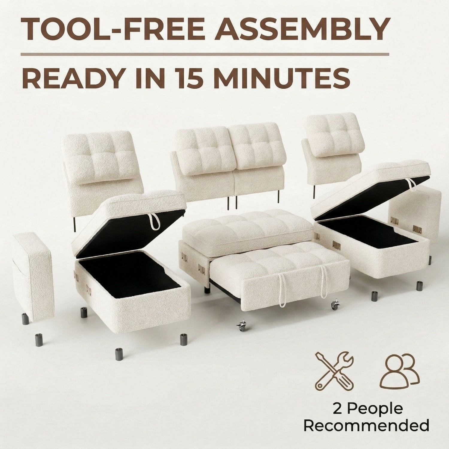 104" U-Shaped Sectional Sleeper Sofa Bed with Pull Out Couch, Large Chenille Sofa with Double Chaises and USB Ports, Creamy Beige