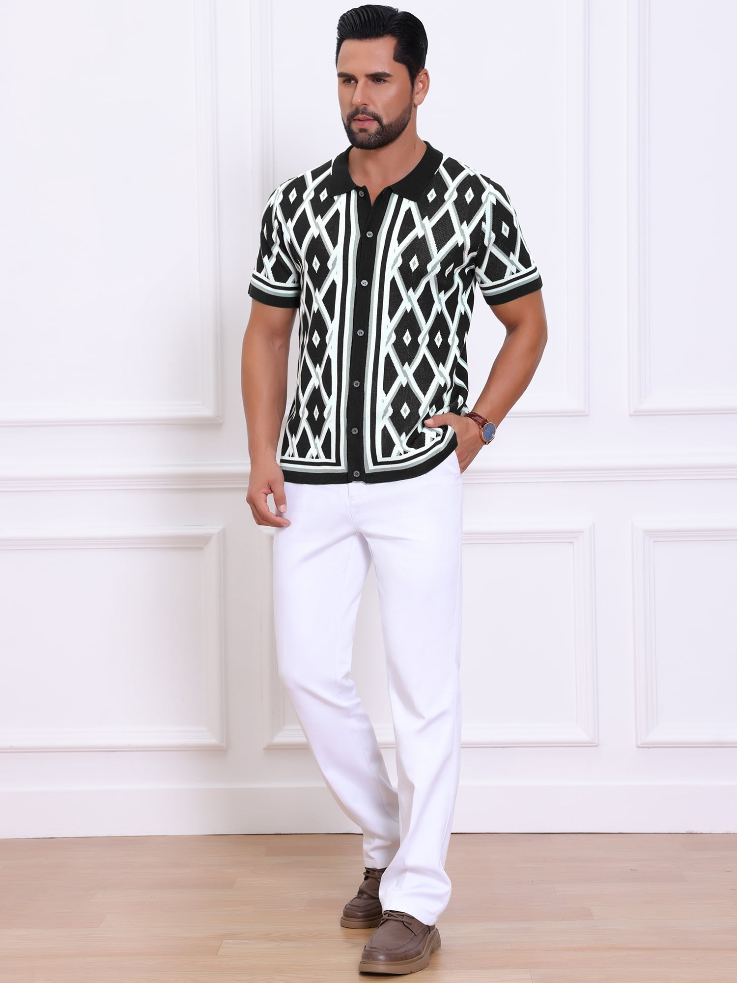 DARING DIVA Men's Short Sleeve Button Down Plaid Knitted Argyle Polo Shirt L Black