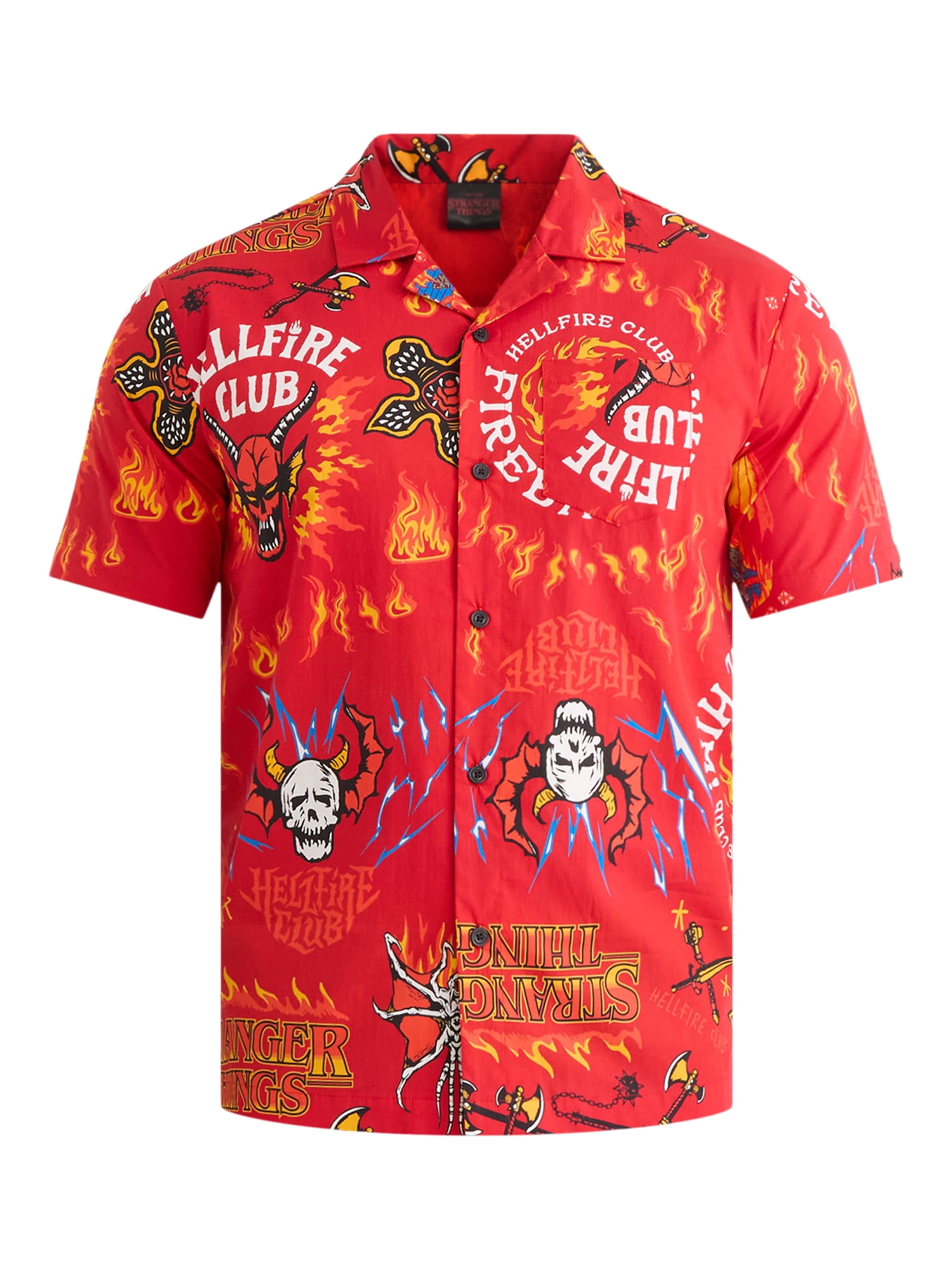 Netflix Stranger Things Men's and Big Men's Hellfire Club Print Button-Up Cotton Shirt with Short Sleeves, Sizes XS-3XL