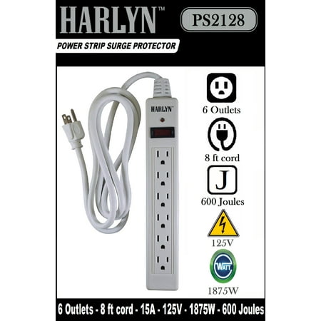 Six Outlet Surge Strip - Harlyn Power Strip Surge Protector - 6 Outlets - 8 ft cord - 15A - 125V - 1875W - 600 Joules