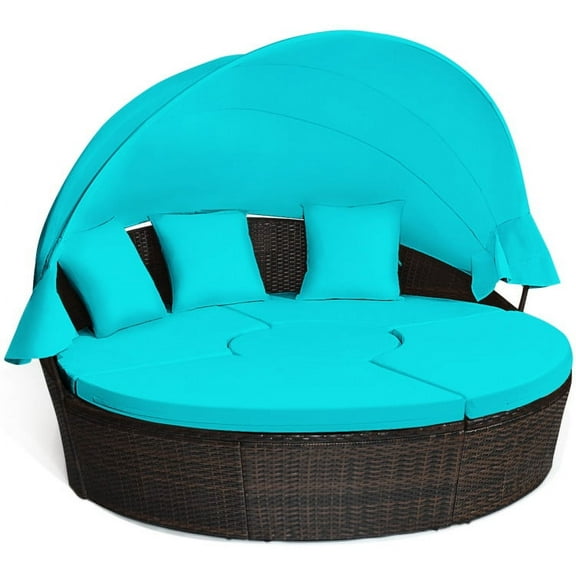 Spaco Patio Round Rattan Daybed with Retractable Canopy and Height Adjustable Coffee Table-Turquoise, Wicker Furniture Conversation Sets, Coffee Table for Garden, Poolside, Backyard