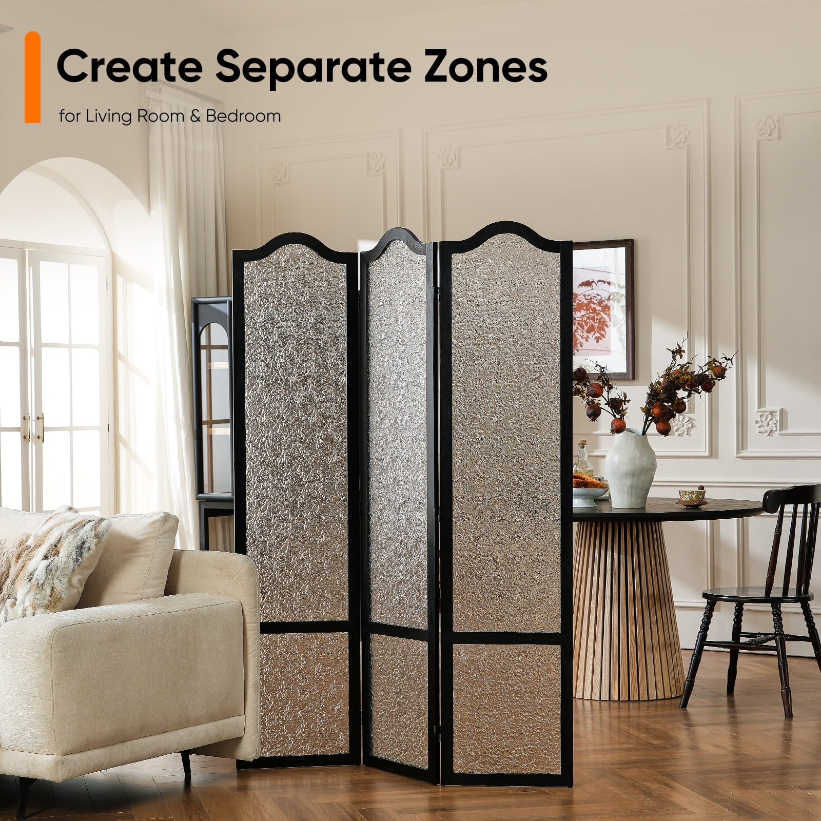 Jostyle 3 Panel Acrylic Room Divider Privacy Screen Translucent Folding Partition with Paulownia Wood Frame Black, Shatterproof & Space-Saving for Living Room, Bedroom, Office