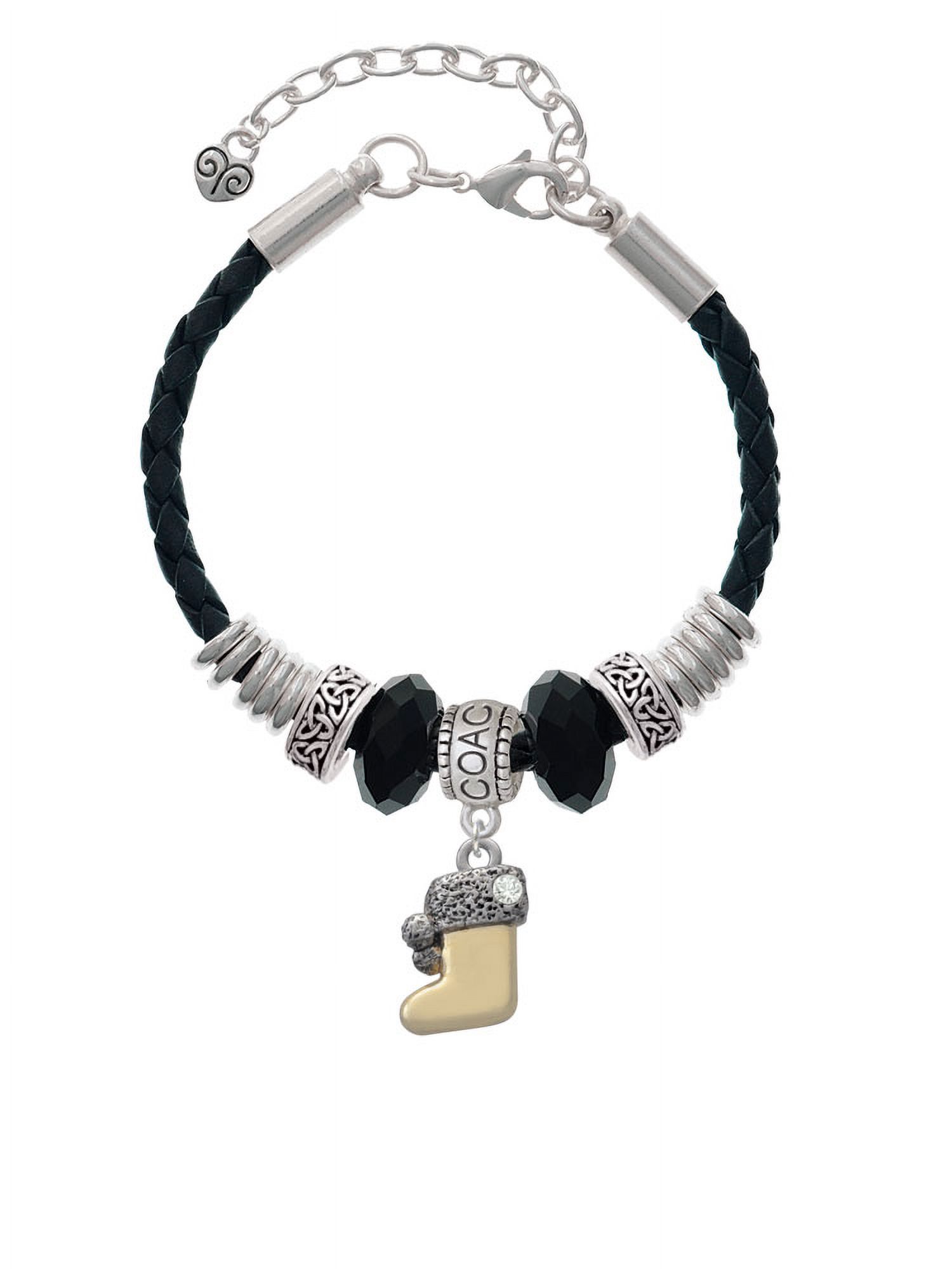 Delight Jewelry Two-tone 3-D Stocking with Clear Crystal Coach Celtic Knot Leather Bead Bracelet, 7"+2" Extender