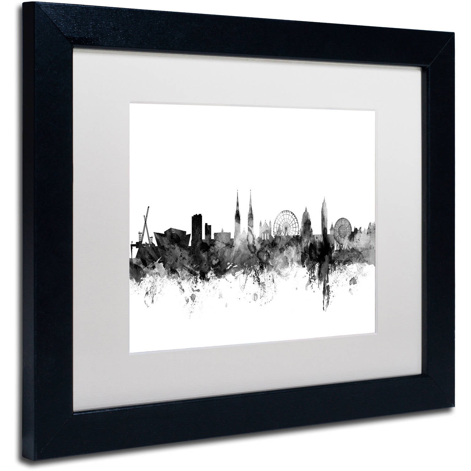 Trademark Fine Art "Belfast N. Ireland Skyline B&W" Canvas Art by Michael Tompsett, White Matte, Black Frame
