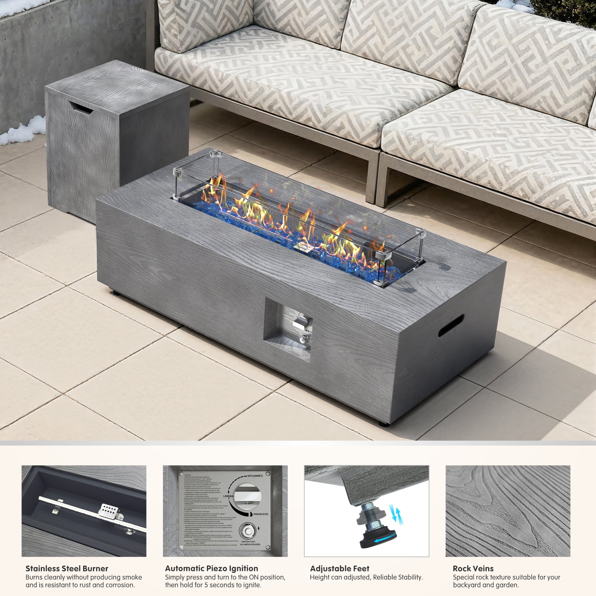 42 in. Retangular Coating Steel Propane Firepit Table, 50,000 BTU Gas Fire Pit Table in Gray Wood Grain