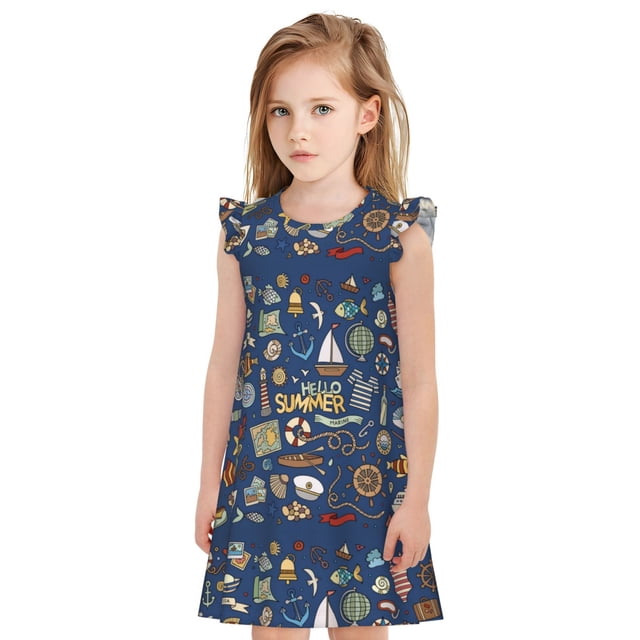 Fotbe Marine Nautical Vestido de Dormir para Niñas de 3 a 10 Años, Mangas Cortas, Estilo Princesa, Pijama Camisón con Mangas Voladas-X-Large