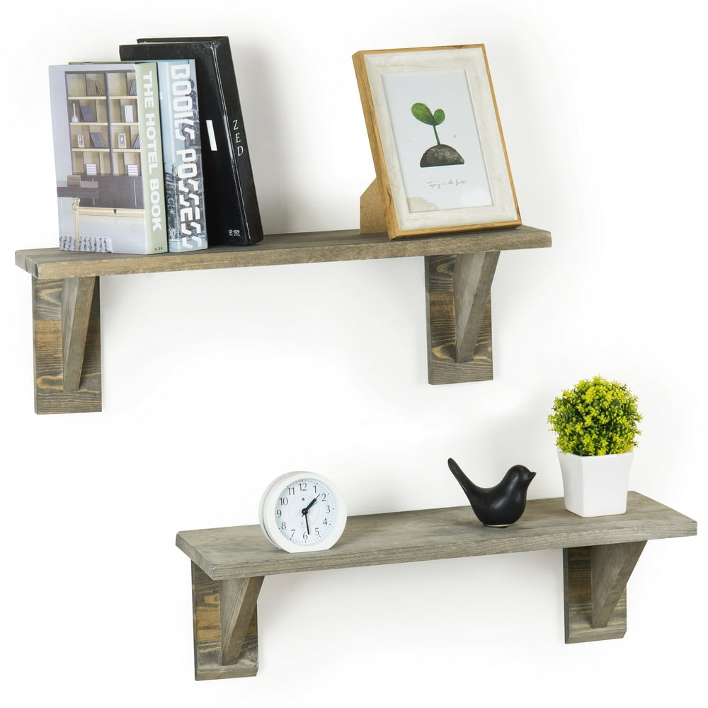 24Inch Rustic Barnwood Gray Wooden Floating Wall Shelves, Set of 2