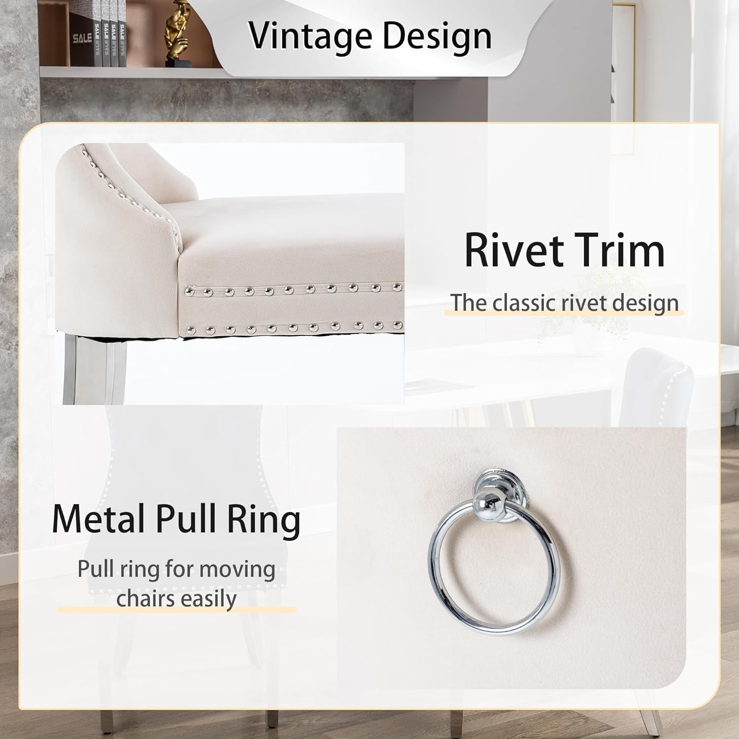 Westice Dining Room Chairs Set of 4, Button Tufted Velvet Chairs with Modern Stainless Steel Legs, Rivet Trim Metal Pull Ring Large Back for Kitchen Dining Room Restaurant, Beige