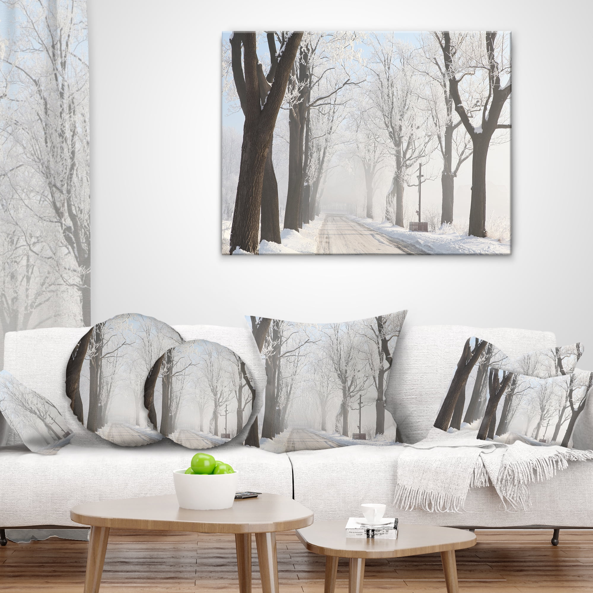 Designart Misty Rural Road in Winter Forest - Forest Throw Pillow - 12x20