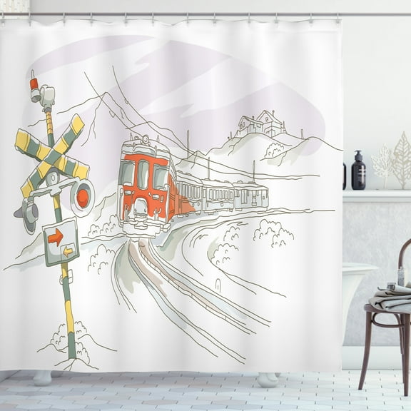 Railroad Shower Curtain, Sketch Style Composition Train on the Tracks Drawn by Hand, Fabric Bathroom Set with Hooks, 69W X 75L Inches Long, Vermilion Yellow and Charcoal Grey, by Ambesonne