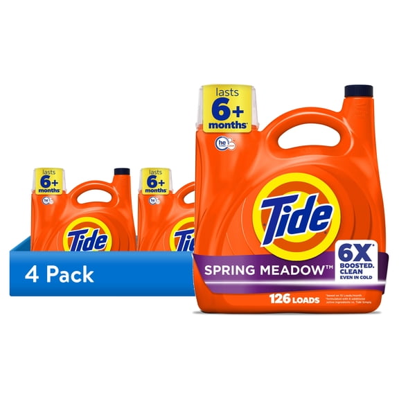 (4 pack) Tide Laundry Detergent Liquid with 6X Boosted Cleaning Power, Spring Meadow Scent, 158 fl oz, 126 Loads
