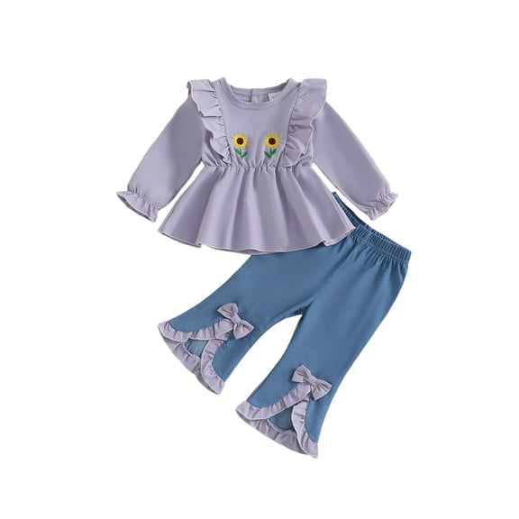 Miaouyo Toddler Baby Girl Fall Outfits Sunflower Embroidery Long Sleeve Round Neck Tops Denim Flare Pants 2 Pcs Set