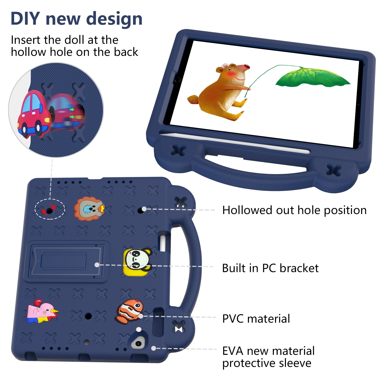 ELEHOLD Kids Case for iPad 6th/5th Gen/Pro (2018/2017/2016) 9.7 inch, EVA Foam Cute Cartoon Case with Built-in Kickstand Pencil Holder Shockproof Portable Case for iPad 9.7"/iPad Air/Air 2,Navyblue
