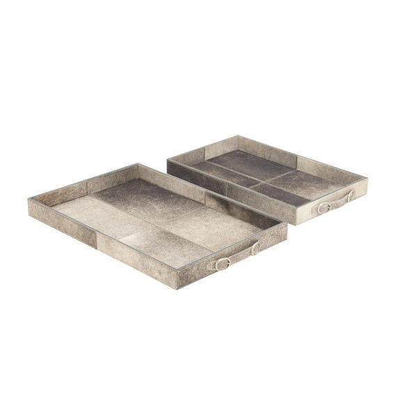 DecMode 24", 20"W Gray Wooden Handmade Cowhide Tray with Slot Handles, 2-Pieces