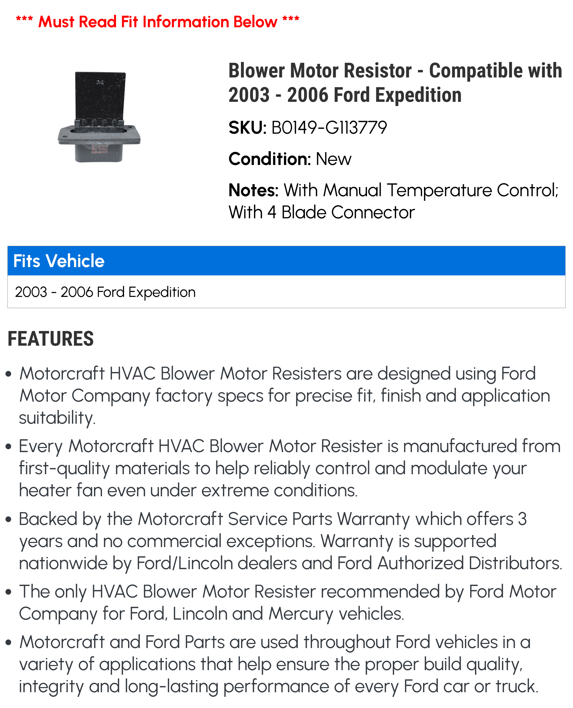 Blower Motor Resistor - Compatible with 2003 - 2006 Ford Expedition 2004 2005