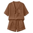 thumbnail image 4 of Costeam Womens Two Piece Outfit Tie Knot V Neck Short Sleeve Top and Elastic Drawstring Waist Shorts Set Linen Blend Matching Set with Pockets, 4 of 9