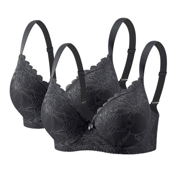 Gytharion 2PC Women's Plus Size Underwire Underwear Bras Push Up Solid Color Floral Lace Front Bow Adjustable Straps Bras Support Comfort Everyday Bras