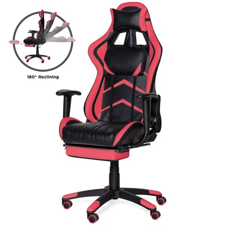 - Best Choice Products Ergonomic High Back Executive Office Computer Racing Gaming Chair w/ 360-Degree Swivel, 180-Degree Reclining, Footrest, Adjustable Armrests, Headrest, Lumbar Support - Pink