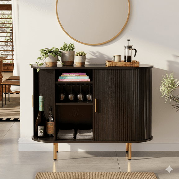 TiramisuBest Sideboard Buffet Cabinet with Storage, 40" Storage Cabinet with Fluted Tambour Sliding Doors & Adjustable Shelf for Entryway, Kitchen, Home Bar (Black)