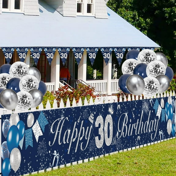 SPECOOL 30th Birthday Decorations, Navy Blue Silver 30th Happy Birthday Banner with Balloons, Men 30 Years Old Birthday Backdrop Yard Signs Thirty Birthday Decor Supplies