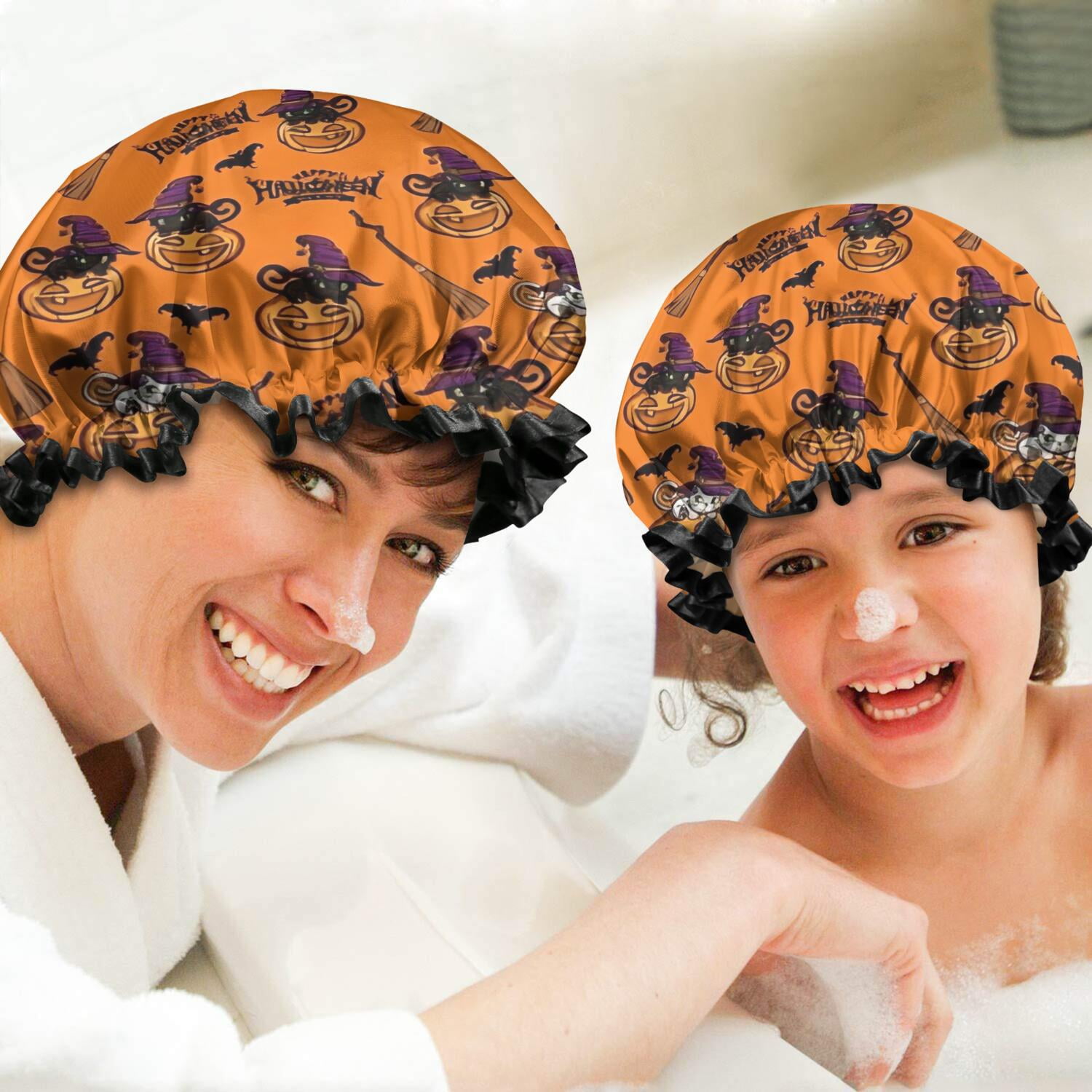 Shower Caps,Halloween Pumpkin Witches Pattern Waterproof Shower Cap for Women 4 Pieces,Double Reusable Hair Cover for Shower PEVA Elastic Stretch Hem