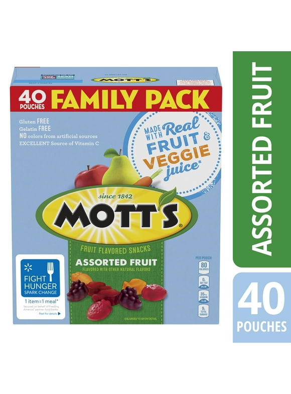 Mott's Fruit Flavored Snacks, Assorted Fruit, Pouches, 0.8 oz, 40 ct