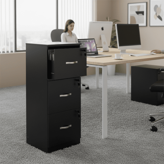 FurnitureR Locking 3-Drawer Vertical File Cabinet for Office, Metal Filing Storage Cabinet with Secure Locks, Handles & Large Capacity, Black