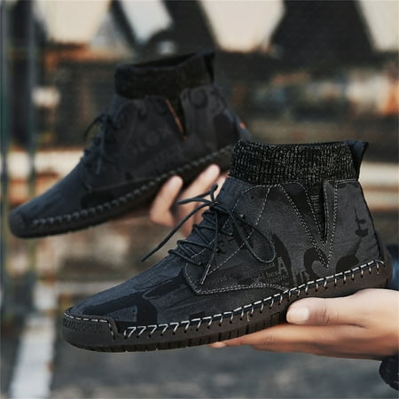 

FITORON Mens Ankle Boots- Boots Vintage Winter Zipper Mid-Calf Lace Up Slip On Retro Ladies Shoes Black 44