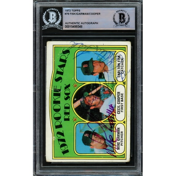 Carlton Fisk, Cecil Cooper & Mike Garman Autographed 1972 Topps Card #79 Beckett BAS #15499348