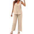 thumbnail image 2 of Jerdar Women Casual 2 Piece Short Sets Summer Leisure Suit Solid Sleeveless V Neck Button Top Pants Suit Set Lounge Set Beige S, 2 of 5