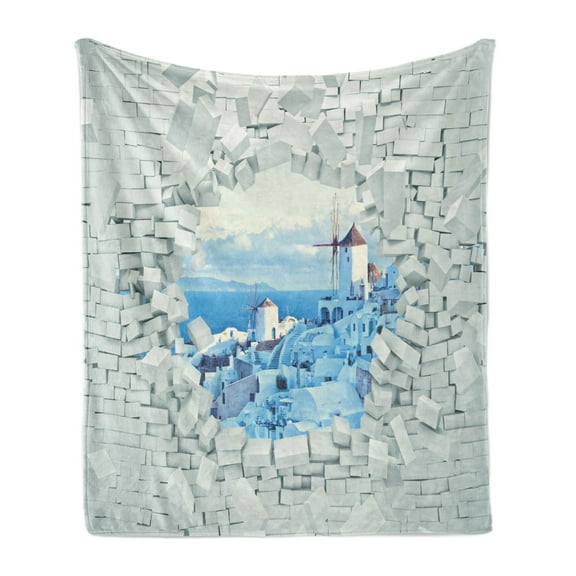 Brick Wall Soft Flannel Fleece Throw Blanket, Breaking Effect 3D Wall Greece Santorini Landscape, Cozy Plush for Indoor and Outdoor Use, 60" x 80", Pale Green Pale Blue, by Ambesonne