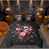 Manfei Romantic Gothic Skeleton Bedding Comforter Set 7pcs for Kids, Pink Flower Plant King Bedding Sets, Horror Crow Reversible Bed Sheets, Lightweight Room Decor